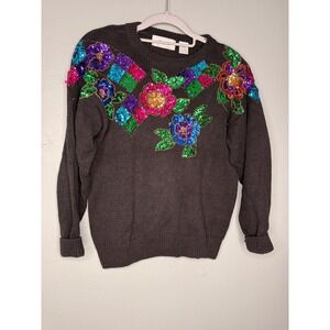 Vintage 80s/90s Margules black knit sequin floral design bright colorful sweater